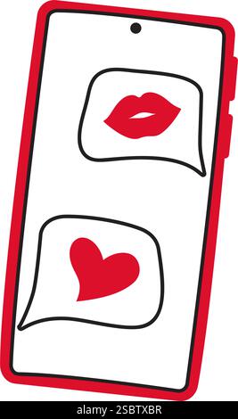 Smartphone mit Herz Sprachblase erhalten Sie Nachricht auf dem Bildschirm Kritzelstil Hand gezeichnet flache Stil Liebe isoliert romantisches Symbol der Liebe für Poster Tattoo Valentinstag Karte Linie Kunst Vektor Illustration Stock Vektor