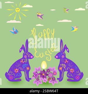 Grußkarte mit Osterhasen und Ostereiern Stock Vektor