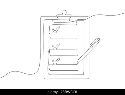 Minimalistische einzeilige Zeichnung einer Zwischenablage mit einem Häkchen. Einfache durchgehende Strichgrafik Stock Vektor