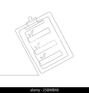 Minimalistische einzeilige Zeichnung einer Zwischenablage mit einem Häkchen. Einfache durchgehende Strichgrafik Stock Vektor