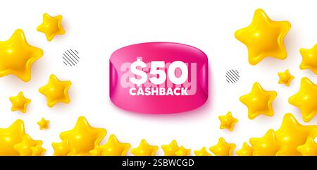 50 USD Cashback. Geld-zurück-Angebotsschild. Aufkleber Sterne Banner. Vektor Stock Vektor