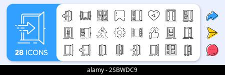 Symbole für die Eingangszeile. Umrisssymbole für Tür öffnen, Gebäudeeingang und Notausgang. Symbole für die App-Zeile. Vektor Stock Vektor
