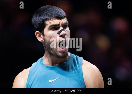 Rotterdam, Niederlande. Februar 2025. ROTTERDAM, NIEDERLANDE - 4. FEBRUAR: Carlos Alcaraz aus Spanien feiert am 2. Tag der ABN AMRO Open in Rotterdam Ahoy am 4. Februar 2025 in Rotterdam, Niederlande. (Foto: Joris Verwijst/BSR Agency) Credit: BSR Agency/Alamy Live News Stockfoto