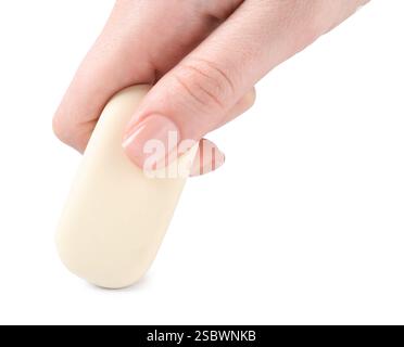 Frau mit Radiergummi auf weißem Hintergrund, Nahaufnahme Stockfoto