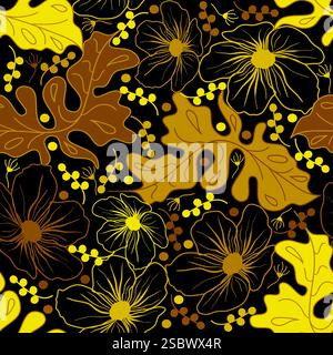 Nahtloses Blumenmuster mit goldenen tropischen Blumen und Blätter Vektorillustration Stock Vektor