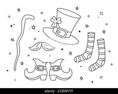 Leprechauns Kleidung und so. Hut, Schnurrbart, Stiefel, gestreifte Socken und Wanderstock, Rohrstock. Irische Symbole zum St. Patricks Day. Illustration der Vektorkritzelei Stock Vektor