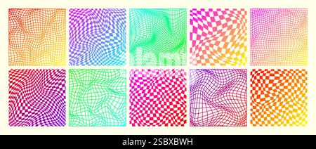 Grooviges Karomuster, verzerrtes Neongitter. Vintage gewellter Hintergrund, Verzerrungseffekt. Funky geometrische Schachbrettstruktur, Retro Stock Vektor
