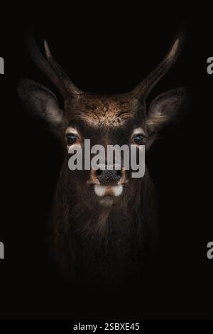 Porträt eines jungen Rothirsches (Cervus elaphus), schwarzer Hintergrund, vertikal Stockfoto