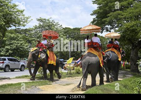 Touristen auf Elefantenreiten in der Nähe des Großen Palastes, alten Königspalast, Ayutthaya, Provinz Ayutthaya, Thailand, Asien Stockfoto