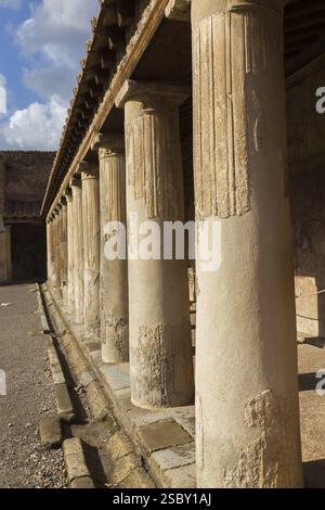 Altes großes Gebäude, das mit Terrakotta-Tonziegeln bedeckt und von Steinsäulen gestützt ist, an den antiken Ruinen von Pompeji, Region Kampanien, Italien, EUR Stockfoto