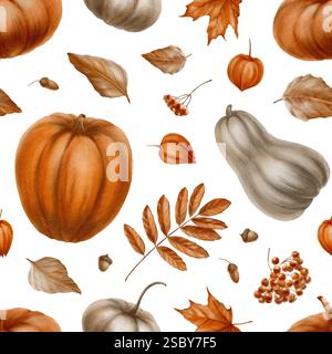 Rustikale orangefarbene und graue Kürbisse, Herbstblätter, Physalis, vogelbeeren im nahtlosen Muster als festliches Weihnachtssymbol. Dekoration für Thanksgiving Stockfoto