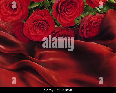 Red schöner Rosen auf einen weinigen Seide Stockfoto
