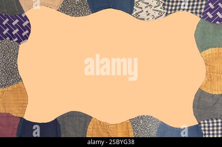 Framework zeigt verrückte Steppnähte an den Kanten. Die Designs sind Vintage mit Blau und Gold. Zentrieren Sie Ihre Nachricht innerhalb des Retro-Beispielrahmens. Stockfoto