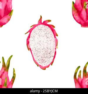 Eine farbenfrohe und lebendige Illustration der Drachenfrucht, die ihre einzigartige und auffällige Textur und Farbtöne zeigt. Nahtloses Aquarellmuster für den Druck auf Stoff und Papier. Stockfoto