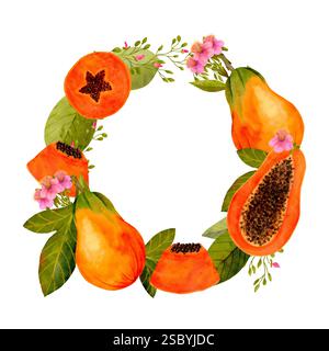 Eine farbenfrohe Papaya und ein komplizierter Blumenkranz, perfekt für sommerliche Designs und tropische Atmosphäre. Isolierte Aquarellgrafik auf weißem Hintergrund für verschiedene Designs und Drucke. Stockfoto