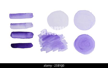Gemalte Aquarellmuster auf weißem Hintergrund, Draufsicht Stockfoto