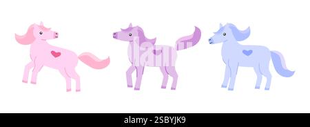 Flache Zeichentrickillustration eines Pferdes, das im Profil steht, verschiedene Stellungen Pastellfarben, rosa, lila, blau gesetzt. Einfache Formen und ein klares Design machen ihn für Symbole, Logos oder Lehrmaterialien geeignet Stock Vektor