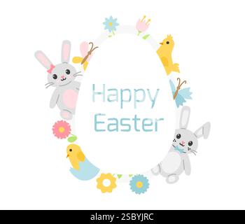 Flacher Cartoon-Osterkranz mit Eierform, mit grauen Häschen, gelben Küken, Schmetterlingen und Blumen. Helle Pastellfarben, süße Frühlingsferien-Dekoration mit fröhlichem Ostertext Stock Vektor