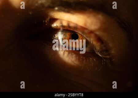 Nahaufnahme eines menschlichen Auges mit goldener Iris, beleuchtet durch Licht Stockfoto