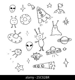 Handgezeichnetes Doodle-Set mit Space-Motiv. Aliens, Raumschiffe, fliegende Untertassen. Stock Vektor