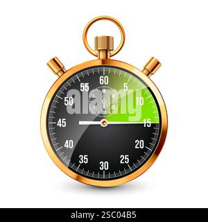 Realistische klassische Stoppuhr. Chronometer aus glänzendem goldenem Metall, Zeitzähler mit Zifferblatt. Grüner Countdown-Timer, der Minuten und Sekunden anzeigt. Zeit Stock Vektor