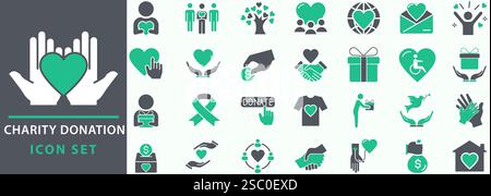 Symbolsatz für Wohltätigkeitsorganisationen und Spenden. Symbol für Hilfe, Freiwillige, Spenden, Hilfe, Teilen und Solidarität. Legen Sie die Vektorsammlung für Symbole fest. Stock Vektor