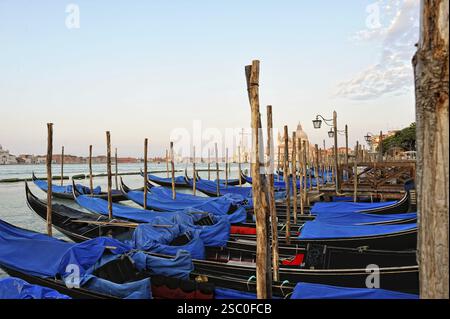 Blick auf die Gondeln und Boote, die in Venedig anlegen. Sonniger Tag Stockfoto