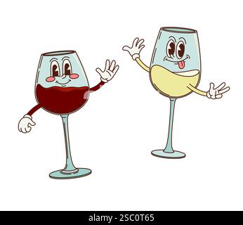 Cartoon Retro-Figuren aus rotem und weißem Glas. Zwei verspielte Weingläser jubeln, lächeln und winken mit lebhaften Ausdrücken, geben ein fröhliches und Stock Vektor