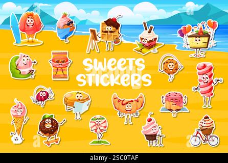 Aufkleber Packung mit Cartoon Dessert Charaktere. Jelly Pudding, Waffeln und Kuchenstück, Marshmallow, Keks, Croissant und Eis, Donut süße Dessert c Stock Vektor