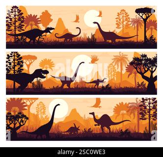 Prähistorische Banner mit Dinosaurier-Silhouetten im jurassischen Dschungel, Vektorhintergründe. Prähistorischer Dino-Park oder paläontologisches Museum Banner Stock Vektor
