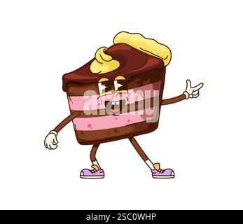 Lustige groovige Schokoladenkuchen-Dessertfigur mit Fingerpistole-Geste. Isolierte Cartoon Vektor Retro Gebäck Slice Persönlichkeit mit Sneakers, mehrschichtige Bod Stock Vektor
