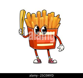 Groovige Fast Food Pommes Frites mit gebratenem Kartoffelkotelett. Isolierte Cartoon Vektor Fastfood Snack Retro Persönlichkeit mit breitem Lächeln und Happy ey Stock Vektor