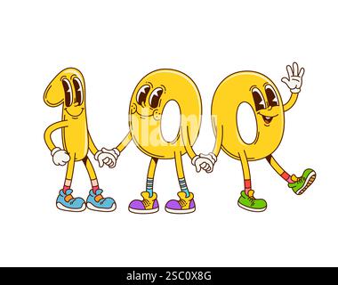 Groovige hundert mathematische Zahlenzeichen. Mathematisches Zahlensymbol Retro grooviges Maskottchen. Kinder Bildung Nummer 60s 70s Zeichentrickfilm isolierte Vektorjubel Stock Vektor