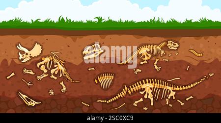 Archäologie Paläontologie Dinosaurierfossil in Bodenschichten Vektorhintergrund. Zeichentrickskelett Knochen und Schädel von tyrannosaurus, triceratops und Diplodoc Stock Vektor