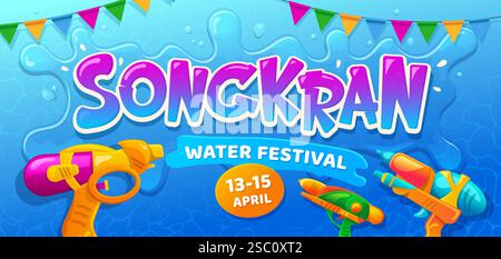 Songkran Festival of Thailand Urlaub oder Thai Neujahrsfeier, Vektor-Poster. Songkran-Festival des Wassergießens mit Zeichentrick-Wasserpistole und Flaggen Stock Vektor