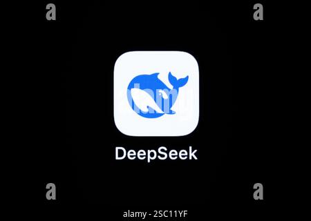 Rottweil, Deutschland. Februar 2025. Die App des chinesischen Start-ups DeepSeek ist auf dem Display eines iPhone zu sehen. Quelle: Silas Stein/dpa/Alamy Live News Stockfoto