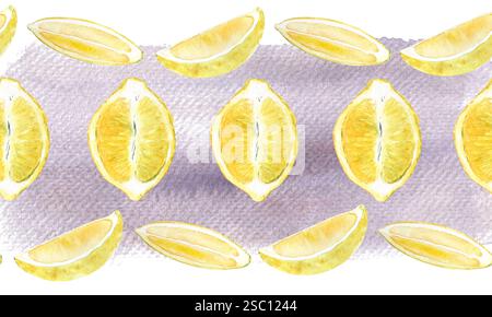 Zitrone halbe Frucht und zwei Scheiben Aquarell nahtloser horizontaler Rand lila Hintergrund. Hochwertige handgezeichnete Kunst für Lebensmitteldesign, Rezept, Koch Stockfoto