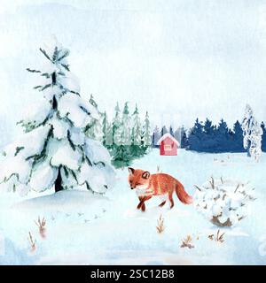 Fuchs in einer Winterlandschaft mit einer Holzhaus Aquarellillustration. Hochwertige handgezeichnete Clip-Art, perfekt für Karten, Poster, Bücher, Wohnkultur, AS Stockfoto