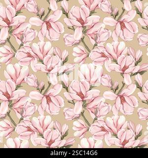 Nahtloses Muster mit rosafarbener Magnolie Stockfoto