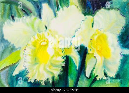 Abstraktes Aquarell Original Gemälde gelb, weiße Farbe der Orchideenblume und grüne Blätter auf blauem Hintergrund. Stockfoto