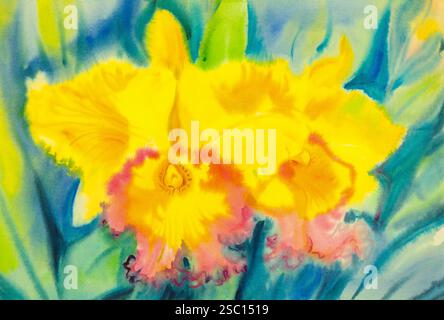 Abstraktes Aquarell Originalgemälde gelbe Farbe der Orchideenblume und der grünen Blätter auf blauem Hintergrund. Gemalte impressionistische Illustration. Stockfoto