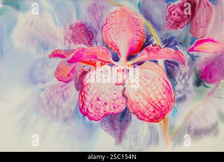 Abstraktes Aquarell Original Gemälde lila, rosa Farbe der Orchideenblume auf blauem Hintergrund Stockfoto