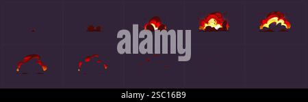 Spielexplosion Animationssequenz - helle Flammenrahmen in roten und gelben Farben auf dunklem Hintergrund. Aufsteigende Feuersprenge für ui-Effekte, visuelle Elemente für mobile Spiele oder Action-Kampfszenen. Stock Vektor