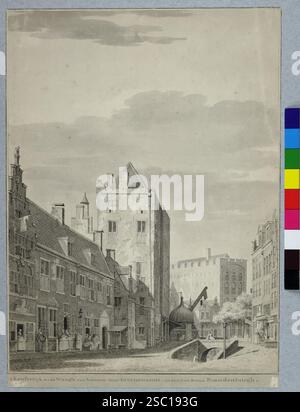 Gezicht vanaf de Ganzenmarkt te Utrecht in de richting van de Oudegracht traf in het midden het wed naar de werf links van het midden het huis Keyserri. Stockfoto