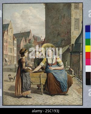 Gezicht vanaf de Oudegracht te Utrecht op de huizen aan de noordwestzijde van de Ganzenmarkt traf op de voorgrond de fruitverkoopster Antje van Muyen d.. Stockfoto