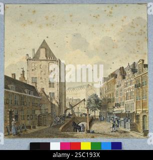 Gezicht vanaf de Ganzenmarkt te Utrecht in de richting van de Oudegracht traf in het midden het wed naar de werf links het huis Keyserrijk en op de ach. Stockfoto