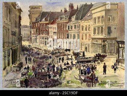 Gezicht vanaf de Ganzenmarkt te Utrecht in de richting van de Oudegracht tijdens een marktdag met rechts de ingang van de Schoutenstraat. Stockfoto