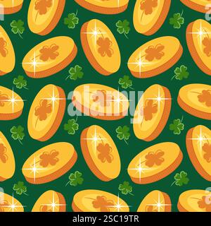 Dieses nahtlose Muster zeigt leuchtende Kobold-Goldmünzen, die mit zarten vierblättrigen Kleeblättern verflochten sind, was ein verspieltes und festliches Design schafft Stock Vektor