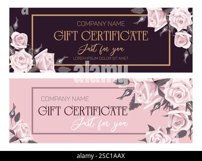 Vektor-Illustration, Satz von wunderschön gestalteten Geschenkgutschein dekoriert mit eleganten Rosen. Die schicke Kombination aus Rosa, Schwarz und Gold verleiht dem neuen Look eine besondere Note Stock Vektor