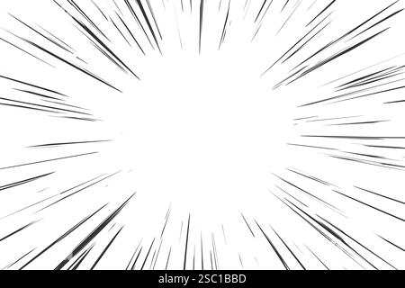 Manga-Geschwindigkeitslinien des radialen Comic-Vektorhintergrunds. Cartoon-Blitz, Explosionsstrahlen, Boom und Brüllen. Abstrakte Funken und perspektivische Bewegung von Stock Vektor
